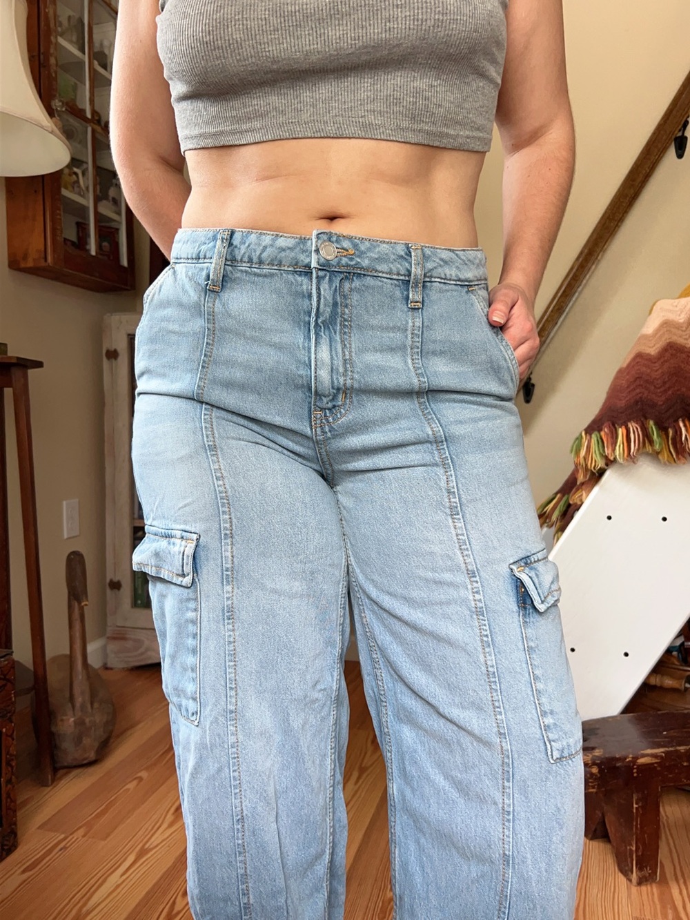 Time & Tru Light Wash Wide Leg Cargo Jeans Ankle Slit Skater Denim Pants Size 10 - Picture 3 of 9